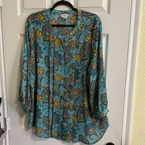 Liz Claiborne Woman Paisley Print Pleated Blouse 1X Button Up Long Sleeves Boho